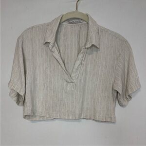 Pull&Bear Women's Cream White Pinstripe Linen Crop Short Sleeve Shirt Size S